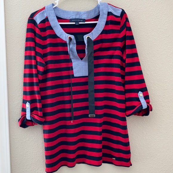 Tommy Hilfiger Red Blue Striped Nautical Women's Shirt Size Large - Picture 7 of 8